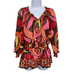 Bisou Bisou Women size M Red Abstract Print Sheer Top Shirring Waist 3/4 Sleeve